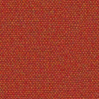 Red-orange flax fabric sample displays a dense, rectilinear weave with golden yellow and muted purple flecks, suitable for upholstery.