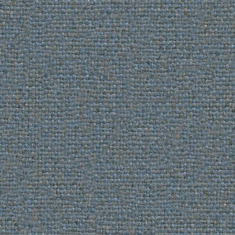 Flax blend fabric sample, muted blue-gray with beige and brown speckles, dense regular weave, matte finish, “Main Line Flax Camira” (b).