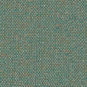 Flax fabric sample, muted teal and light gray heathered weave, dense plain texture with pale yellow strands, Camira Main Line Flax collection.