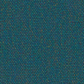 Flax fabric sample, teal and blue blend, dense nubby weave with olive and gold highlights, textured surface, uniform construction.