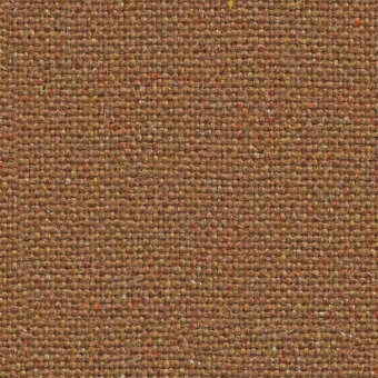 Flax fabric texture with a dense rectilinear pattern in earthy brown, accented with orange, yellow, and green flecks; Camira Main Line Flax.