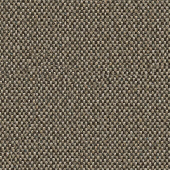 Flax fabric sample, muted taupe with heathered texture, dense plain weave with brown and blue flecks, matte finish, durable weight.