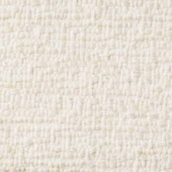 Off-white woven fabric texture with irregular pattern, dense grid structure, matte finish, and subtle tonal variations; sample label visible.