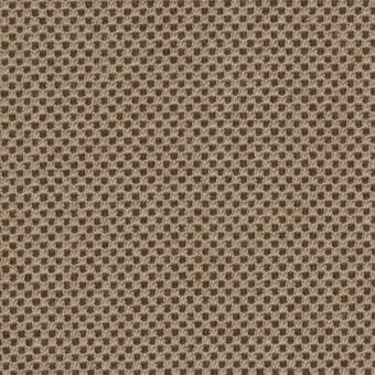 Woven fabric sample in umber brown features a repeating circular perforation pattern within a tight grid, matte finish, with brand text.