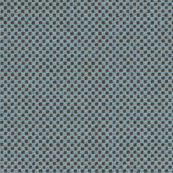 Light blue textile with repeating warm brown circular motifs, featuring a raised, nubby weave; wool-blend upholstery fabric, umber 66252.