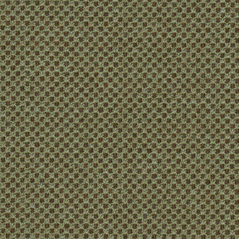 Olive-green textile sample with dense, circular umber perforations; tightly woven fabric displays a subtle, repeating pattern and structured texture.