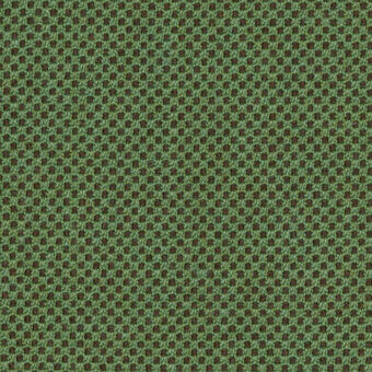 Green woven textile with repeating dark brown circular perforations; lapalma umber gabriel fabric sample, umber 68279.