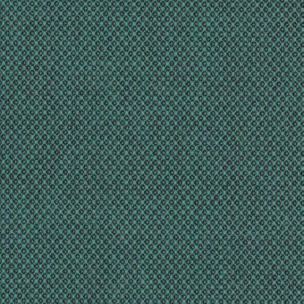 Teal and dark gray woven fabric sample features a geometric pattern of interlocking squares, dense texture, and a flat weave.