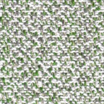 Woven fabric sample, white and light green, speckled texture with gray threads, dense irregular weave, slightly raised nubby surface.