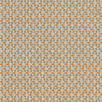 Woven textile sample, Moore Margherita collection by Vescom, beige and muted orange grid pattern, looped texture, neutral earthy tones.