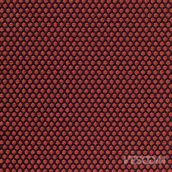 Geometric textile sample in muted red (“ciliegia cherry”) features circular perforations outlined in dark thread, woven grid texture.