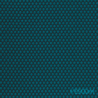 Teal woven fabric sample with dense, repeating raised circular pattern; geometric design “rolla blu pavone peacock” by Vescom, Miniforms.