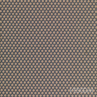Geometric fabric sample with a repeating circular pattern in latte and dusty blue, woven texture with visible linear threads.