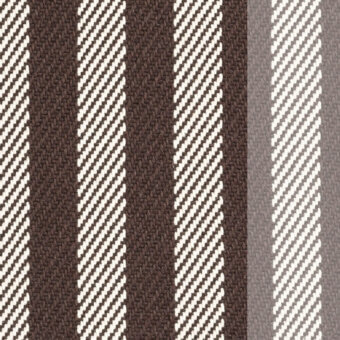Textile sample with vertical stripes in cream and dark brown, diagonal herringbone weave, and gray band; textured, nubby fabric from Miniforms "Voulez Vous" line.
