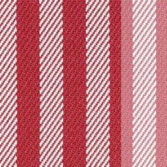 Miniforms fabric sample, red and white striped textile, vertical pattern with nubby texture and diagonal weave details.