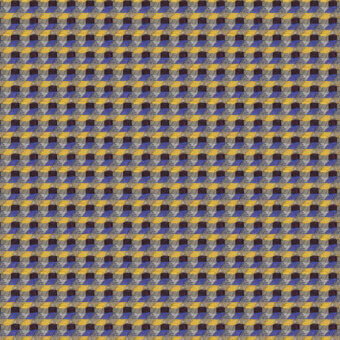 Geometric oxbow textile pattern by Maharam features mustard yellow, purple, and gray woven rectangles in a diagonal, overlapping grid.