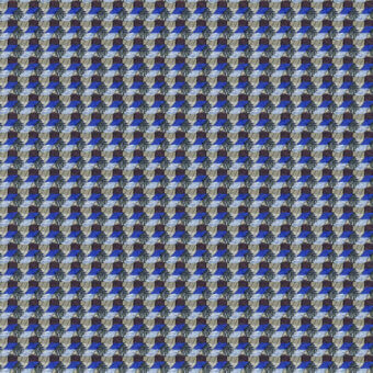 Maharam Oxbow Trope textile, geometric pattern in dusty blue, beige, and brownish-blue tones, woven thread texture, studio lighting.