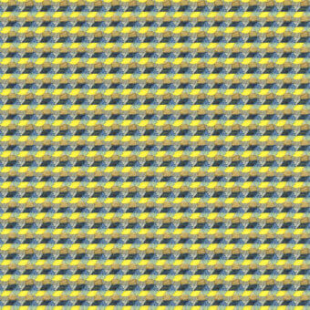 Leaf pattern yellow blue gray horizontal rows staggered arrangement dense geometric textile design surface covering consistent repeat.