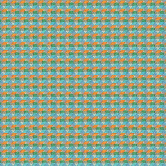 Floral textile pattern in turquoise, orange, green, gray, and light blue with woven grid texture and geometric flower shapes.