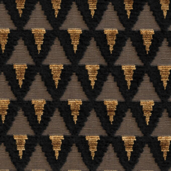 Geometric textile pattern, dark gray and gold-brown triangles, light gray stripes, woven texture, diamond grid, Miniforms "G" collection.
