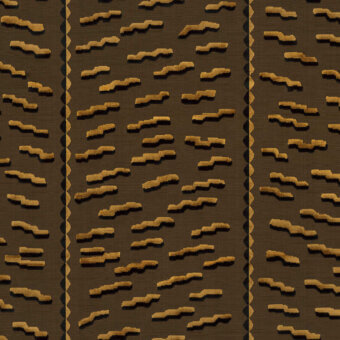 Dedar G fabric collection, Tiger Beat Fauve textile pattern featuring repeating golden-brown trapezoids, vertical textured gold bands, matte finish.