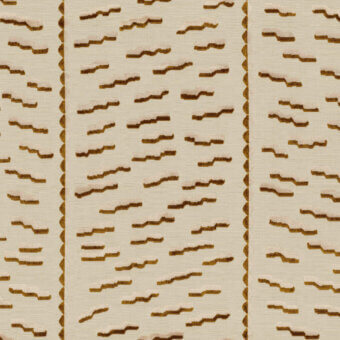 Textile pattern with vertical light beige and tobacco brown bands, featuring staggered, angled shapes and a woven texture; Dedar "tiger beat tabacco" G series.
