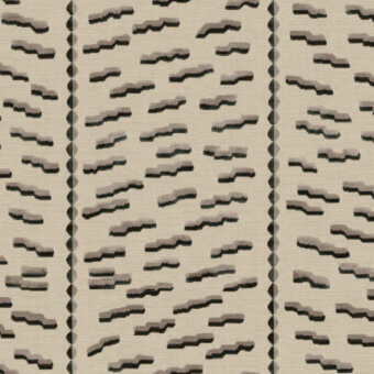 Dedar fabric, Tiger Beat Fumo pattern, beige and gray vertical stripes with angular, abstracted shapes and subtle linear details.