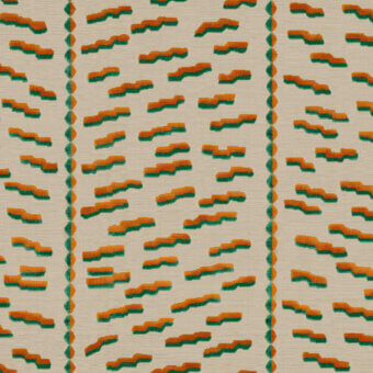 Textile pattern with elongated shapes in papaya orange, burnt sienna, and olive green on cream, featuring vertical columns and woven texture.
