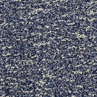 Bouclé fabric texture, navy blue and off-white, dense looped fibers with horizontal weave and mottled color distribution, moroso a5704 ocean.