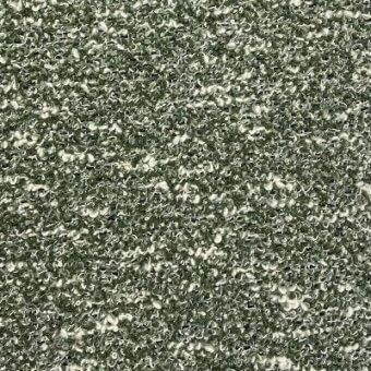 Bouclé fabric sample in muted green and cream tones displays a dense, looped pile texture with visible yarn loops and “moroso” product labeling.