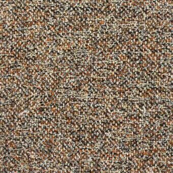 Woven fabric sample, beige, brown, and rust orange tones, dense irregular fiber arrangement, textured granular surface, Moroso Caleido Colorado pattern.