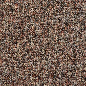 Moroso fabric sample, terracotta ‘desert rose’ color, granular texture with embedded text markings and uneven, fibrous composition.