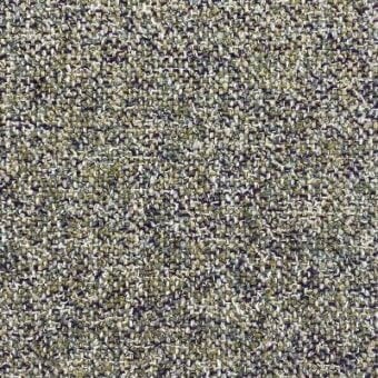 Woven fabric sample in muted olive green, dark gray, beige, and white with a dense, irregular looped texture and embedded fabric designation text.