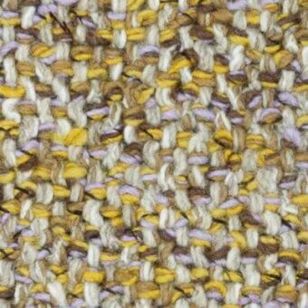 Moroso Caleido A6841 fabric texture, woven in mustard yellow, beige, brown, lavender with a nubby, irregular boucle-like weave and matte finish.