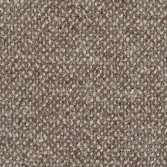 Taupe looped pile fabric texture with heathered beige and reddish-brown speckles, displaying a compressed, nubby surface and partial text label.