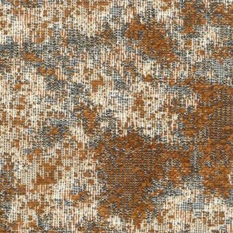 Moroso Nembro fabric sample, ochre woven textile, displaying a mottled, distressed pattern with beige and gray fibers, col. 21 ocher.
