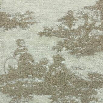 Beige fabric swatch with repeating pastoral scene pattern, silhouetted figures, trees, and foliage in a monochromatic design; textured woven material.