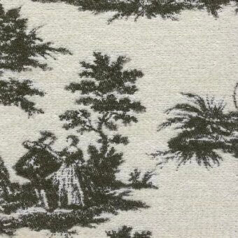 Toile de Jouy fabric swatch, black and off-white, with pastoral scene featuring a woman, trees, and woven texture.