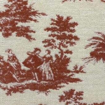 Toile de Jouy fabric swatch in brick-red and cream, depicting a blurred pastoral scene with figures among trees, linen texture, Moroso product detail.