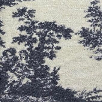 Toile fabric swatch, grey and off-white, displays stylized trees and foliage with a subtle linen weave; “Snow Magic Grey” textile.