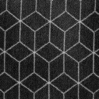 Isometric cube tessellation, dark and light grey, dense repeating pattern textile design for interior applications.