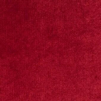 Moroso fabric sample, red velvet texture, dense pile with subtle variation and product code “fox 010 red – s” printed at base.