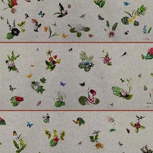 Floral fabric with beige base, red and multicolored botanical illustrations, birds, butterflies, textured surface, Moroso Ikebana A6760 label.