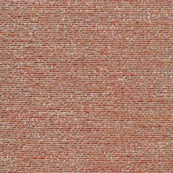 Terracotta fabric texture with granular weave, speckled with beige, gray, and mustard; features “moroso Pasca” label and fire-resistant designation.