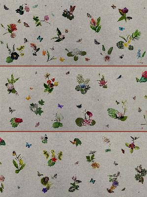 Moroso fabric swatch, floral print, light beige background, watercolor-style botanical illustrations, pink, yellow, green, blue, butterfly motifs.