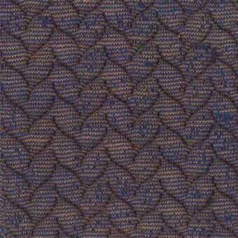 Moroso fabric sample, heathered purple woven textile, diamond grid pattern with raised rounded shapes, tonal golden-brown thread detail.