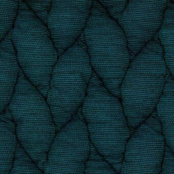 Moroso fabric sample, teal woven texture, diamond grid pattern with “big braid” design, labeled “caviar & acquatic blue.”