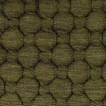 Moroso fabric swatch, woven yellow textile, repeating rounded dome pattern with vertical green striations, labeled “big pois solar giallo.”