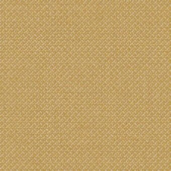 Gold fabric sample with woven texture, displaying a uniform grid pattern and subtle color variations, labeled “moroso cleo col. gold”.