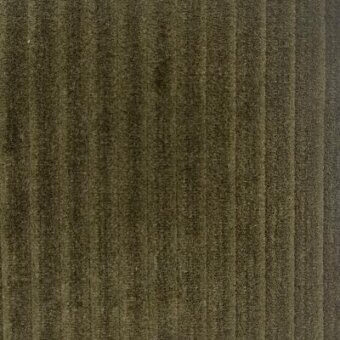 Olive green corduroy fabric sample with vertical ribbed texture and faint product text, displaying a woven, slightly fuzzy surface.